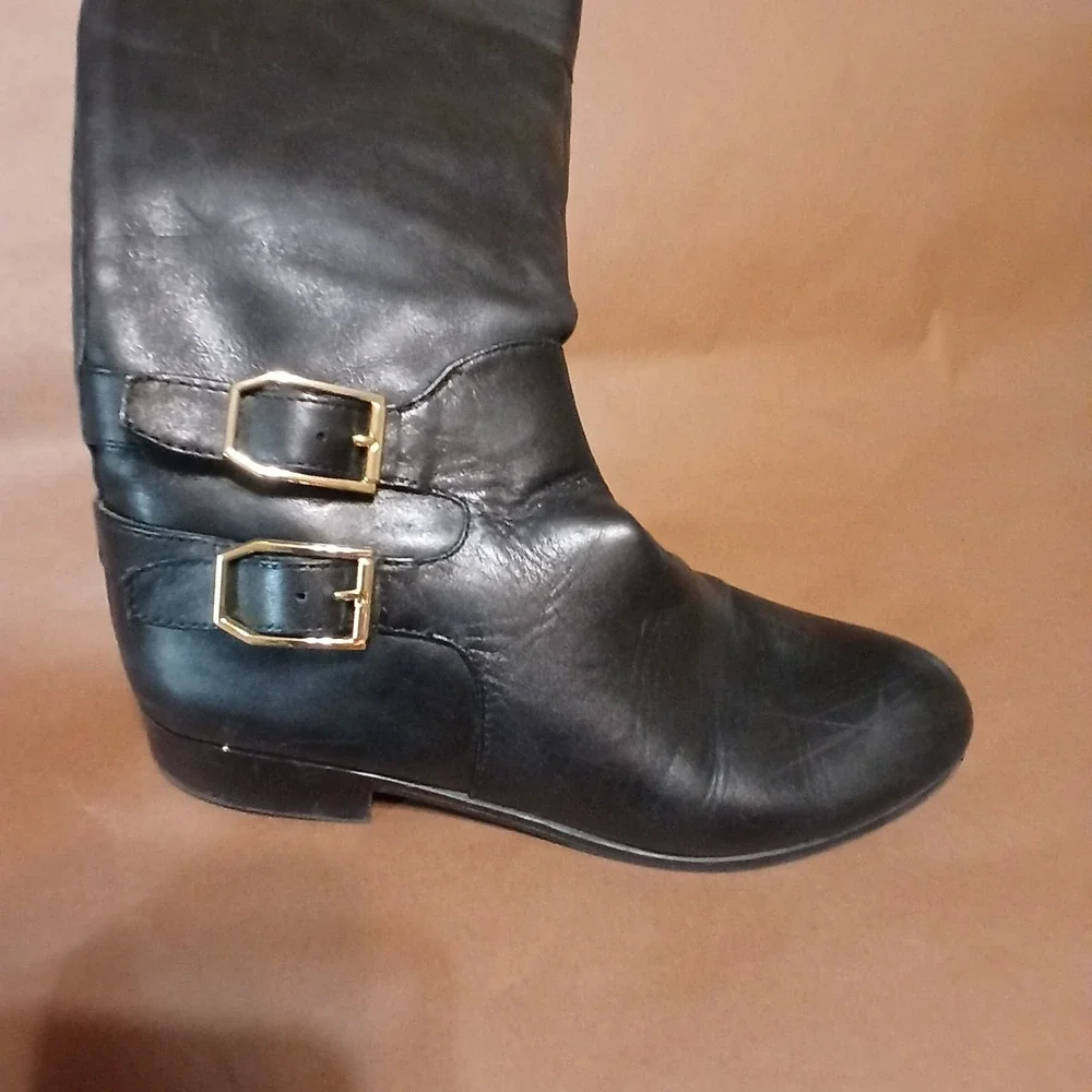 Franco Sarto women's 9 Black Zip Up Brass Buckle Leather Knee High Boots